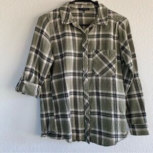 Staccato Womens Green Plaid Flannel Roll Up Sleeve Button-Down‎ Shirt Size Small